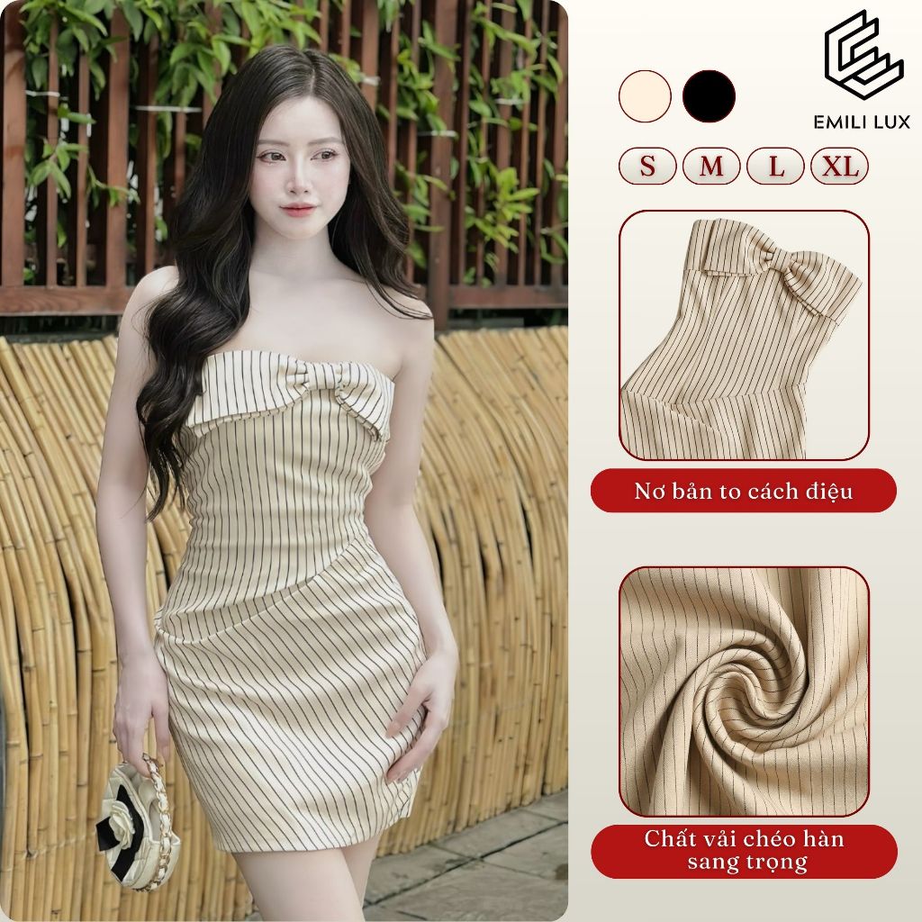 Đầm cúp ngực đính nơ họa tiết kẻ sọc dáng ngắn Emili Design phong cách trẻ trung, sang chảnh [V518]