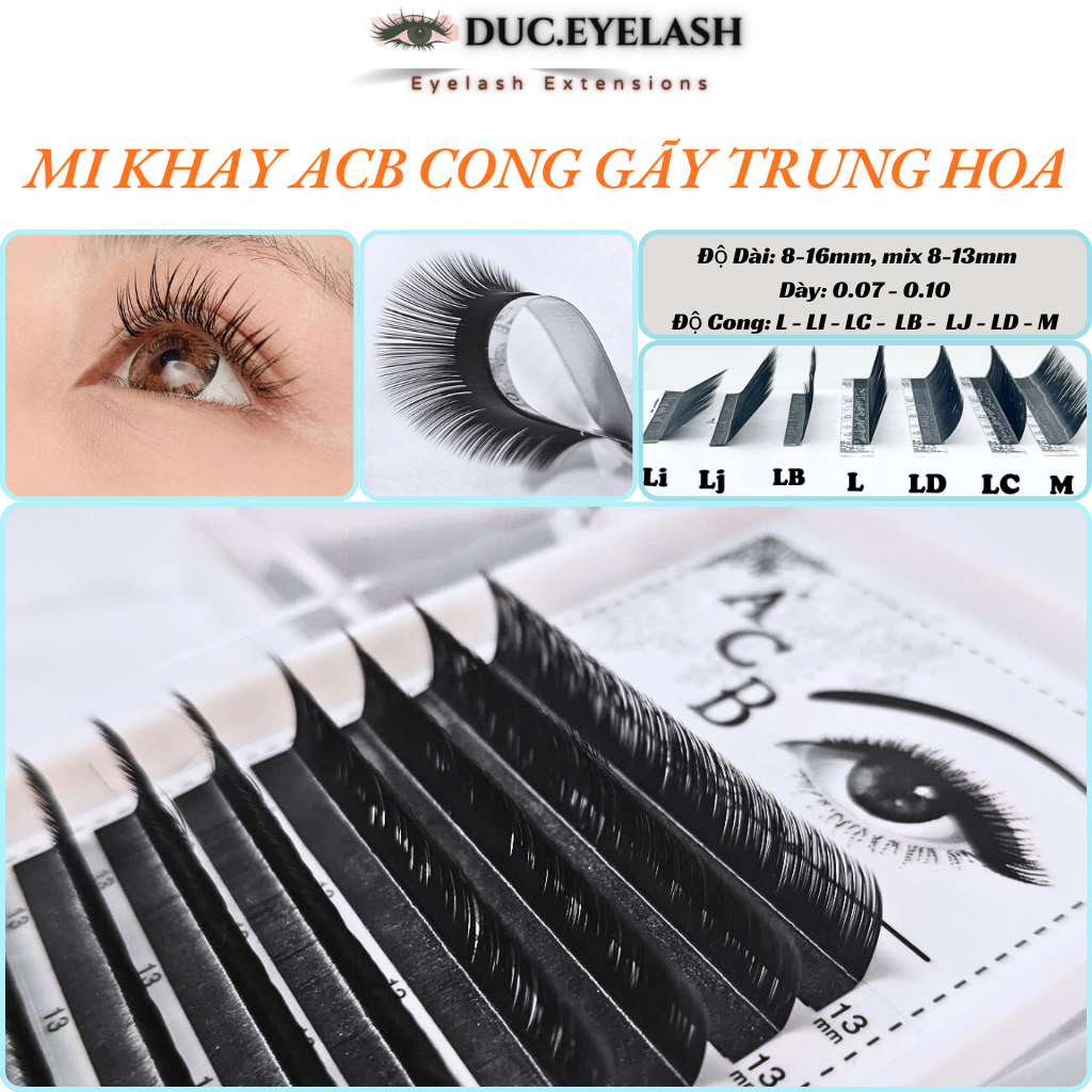 Mi khay ACB cong gãy LJ-LB-Li- L-LC-LD-M, dày 0.07- 0.10, tạo fan mi, Lông mi nhân tạo / Đức Eyelash