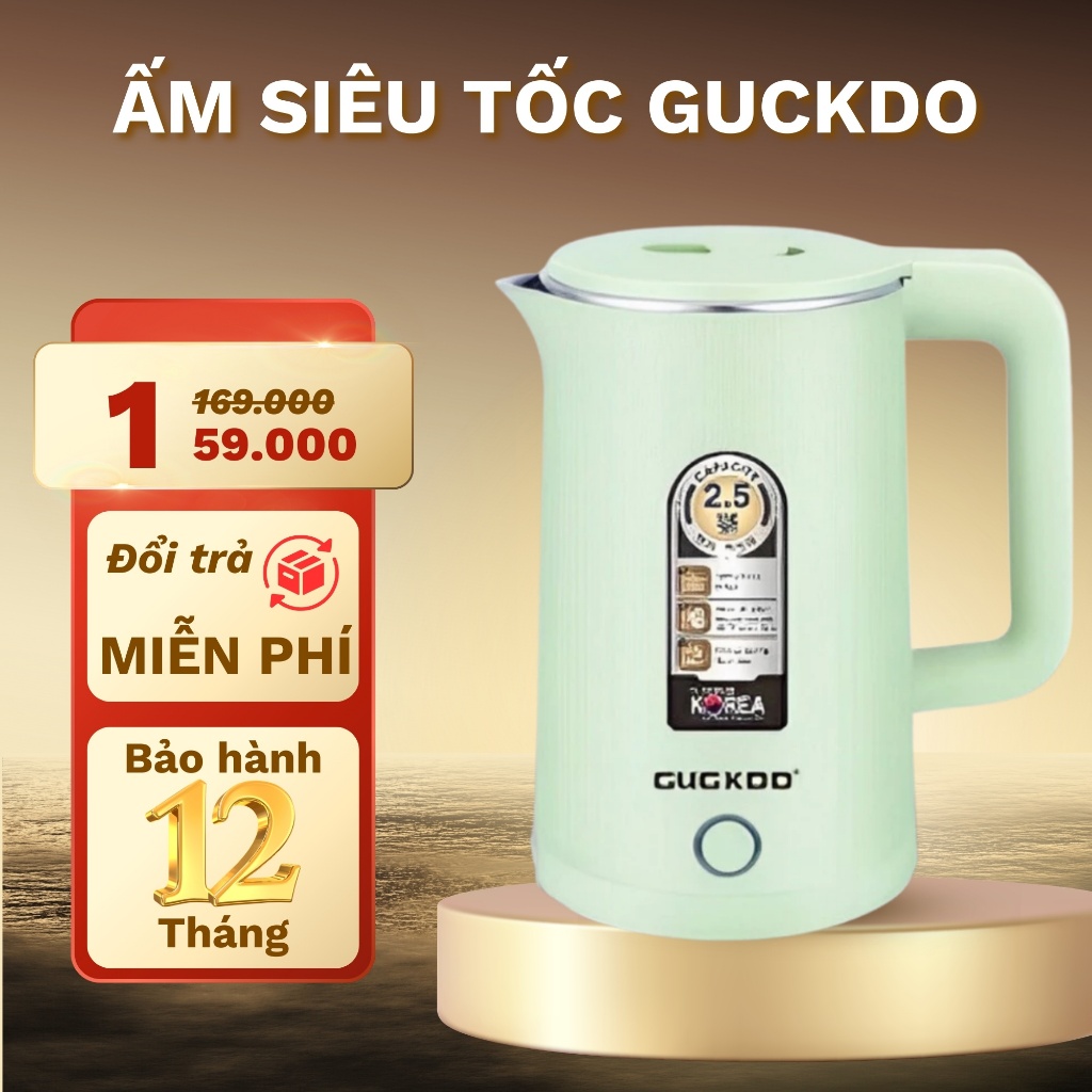 Ấm siêu tốc 2.5L GUCKDO công suất 1500W sôi nhanh siêu tiết kiệm điện, 2 lớp chống nóng BH 12 tháng
