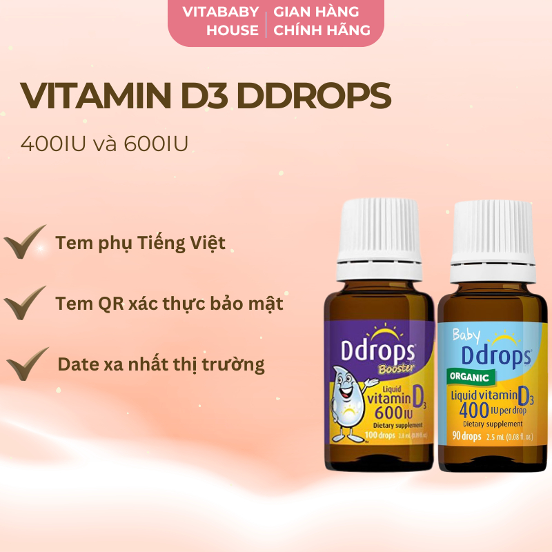 Ddrops Vitamin D3 dạng lỏng hỗ trợ chắc khỏe xương và tăng cường hệ miễn dịch cho bé 400IU và 600IU