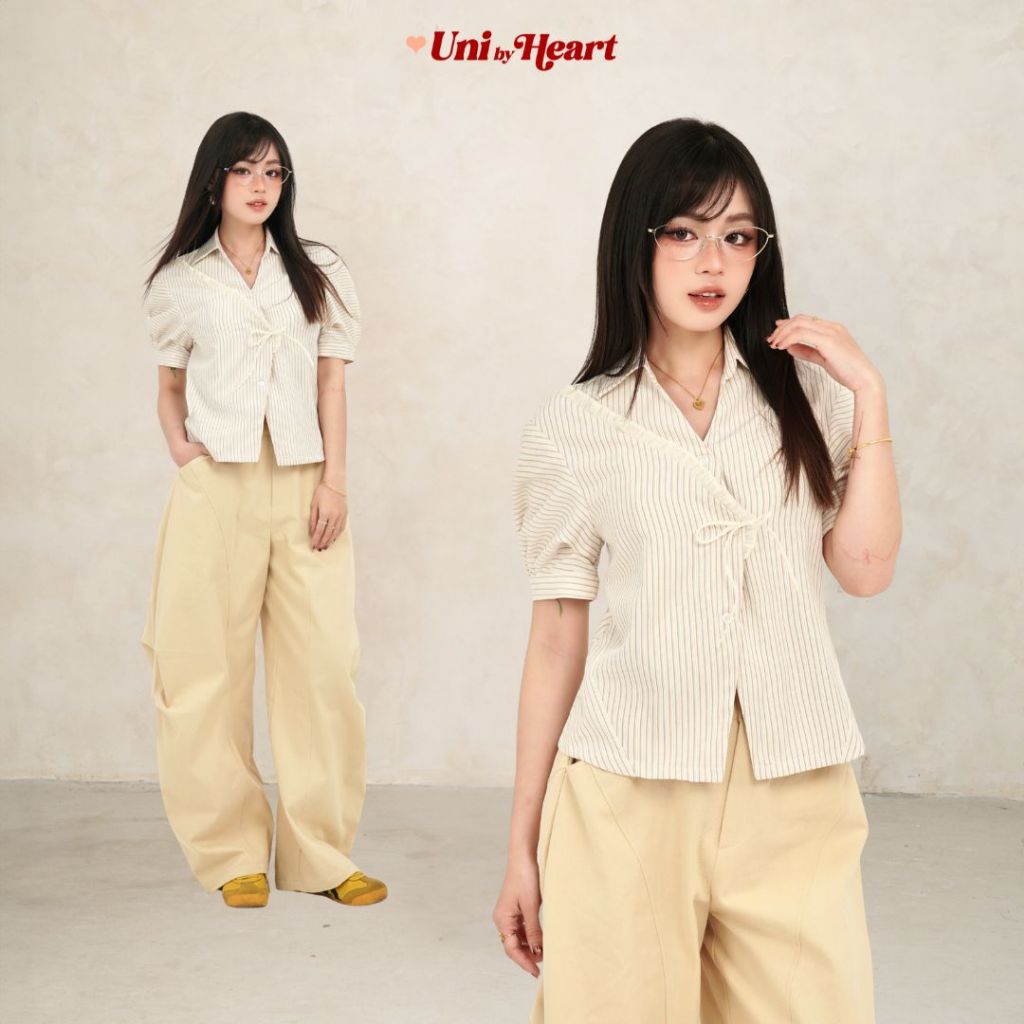 Áo sơ mi kẻ vạt chéo Lina Shirt SMI048 tay phồng, phối ren - Uni By Heart