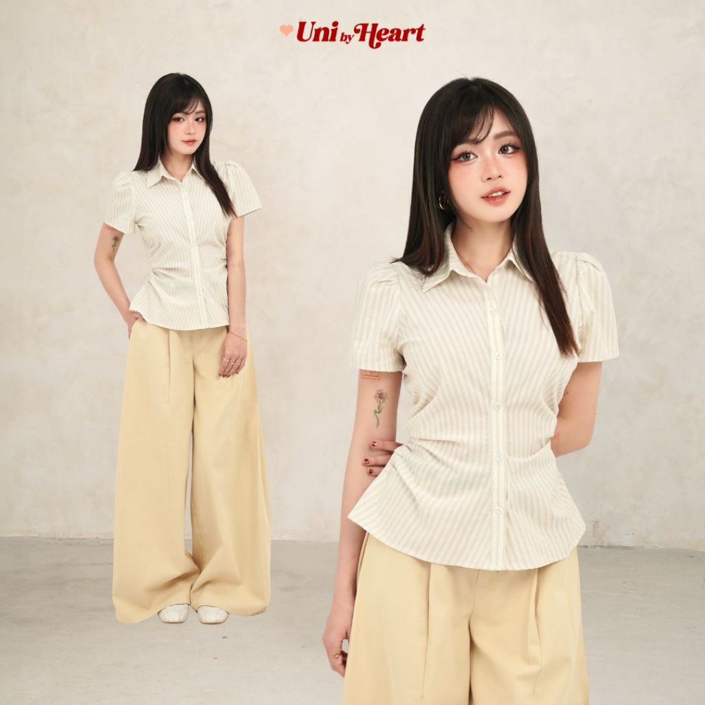 Áo sơ mi tay ngắn chiết eo Yumi Shirt SMI045 họa tiết kẻ, trẻ trung - Uni By Heart