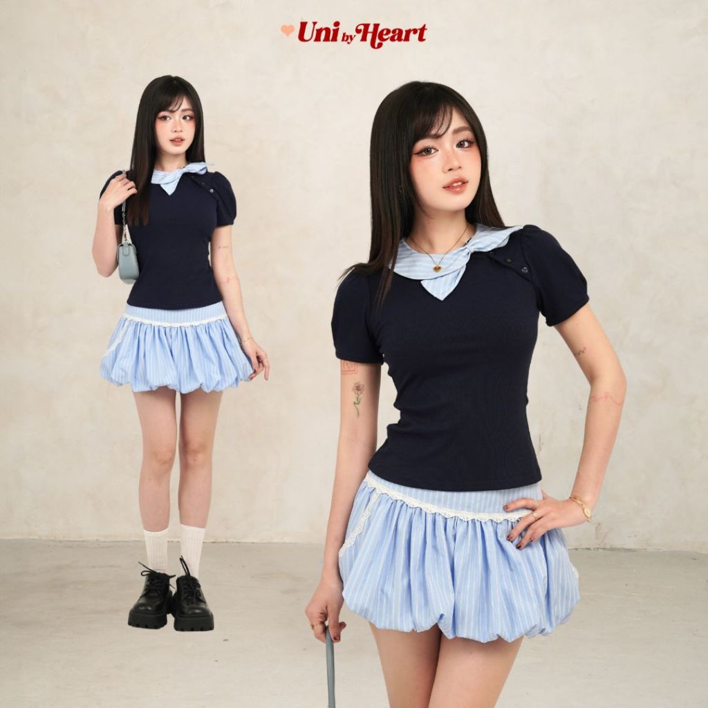Áo thun ôm tay ngắn Kara Top CT011 phối nơ xanh kẻ, ôm body - Uni By Heart