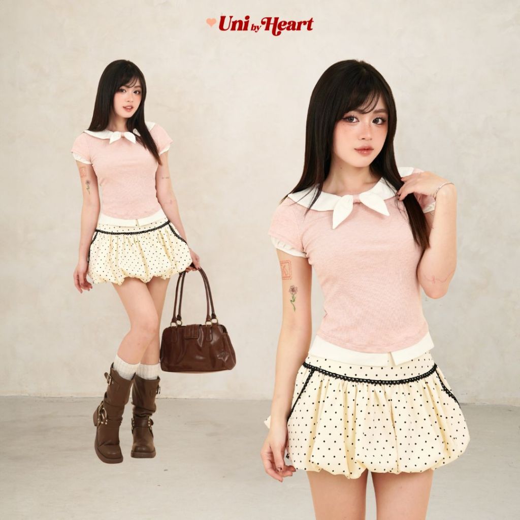Áo thun ôm tay ngắn Polly Top CT008 phối nơ trắng, layer trắng - Uni By Heart