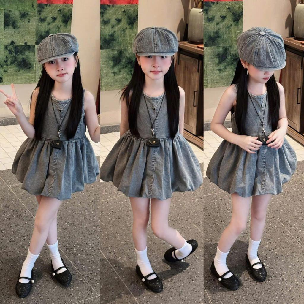 Sét Jean Mũ Mềm, Váy Jean Dáng Xòe Cho Bé Gái Kèm Mũ, Đầm Jean Sát Nách Chất Mềm Mịn Mát Cho Bé Gái 