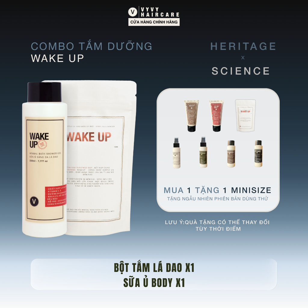 Bộ sản phẩm tắm Wake Up dưỡng trắng mịn da vyvyhaircare V 380gr