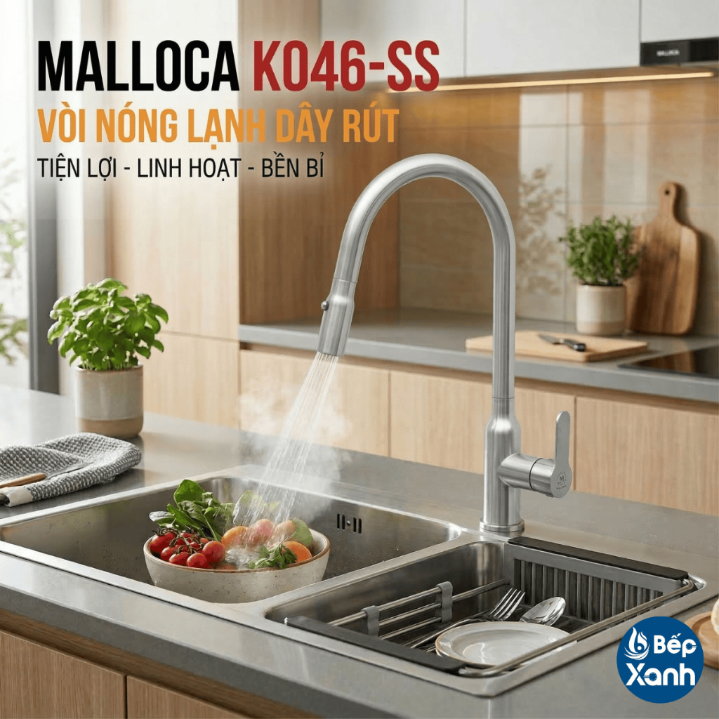 Vòi rửa chén Malloca K046-SS có dây rút - Inox 304 - Bảo Hành 3 Năm