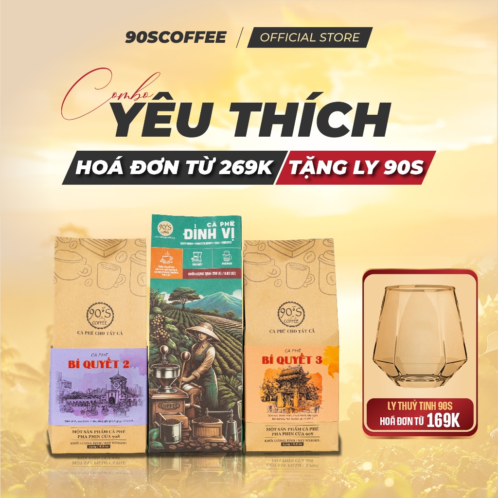 Combo 3 Gói Cà Phê Rang Mộc - Set 1 Tháng Cho Người Mê Cà Phê - Tặng Ly 90S COFFEE