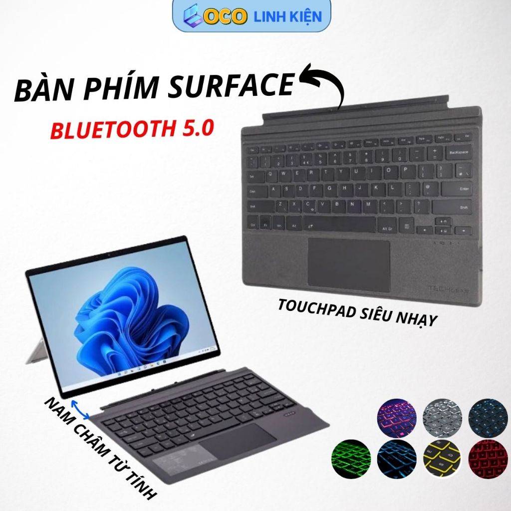 Bàn phím Surface kết nối Bluetooth Có đèn nền cho Surface Pro 3/4/5/6/7, Pro8/9/ X/ 10/11/13 GO/GO2/