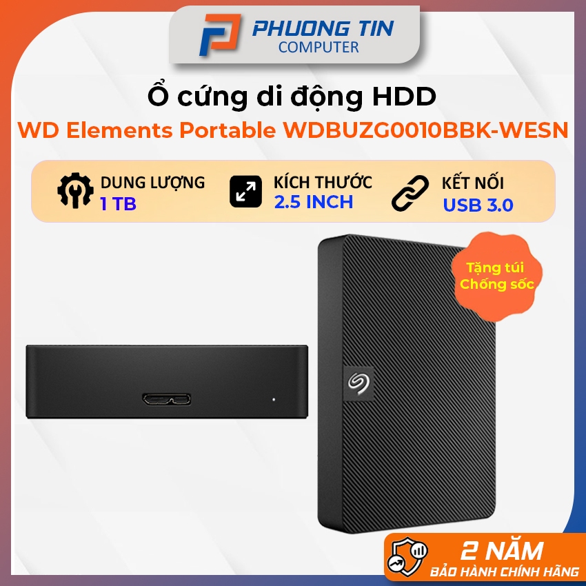 Ổ Cứng HDD WD Elements Portable- 1TB (đen)- WDBUZG0010BBK-WESN - Tặng Túi CS - Bảo hành 24 tháng