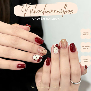 Nailbox chấm bi nền mix mắt mèo tone đỏ NEKOCHAN, nailbox thiết kế chảm nơ đỏ dịp noel, tết 2026