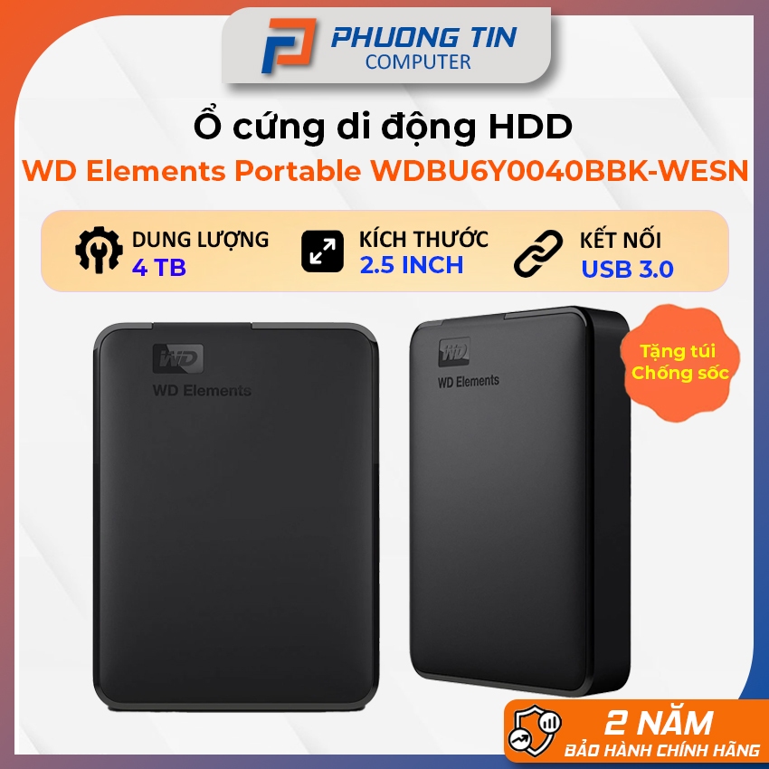 Ổ Cứng HDD WD Elements- 4TB 2.5 inch 3.0- WDBU6Y0040BBK-WESN  - Tặng túi cs - Bảo hành 24 tháng