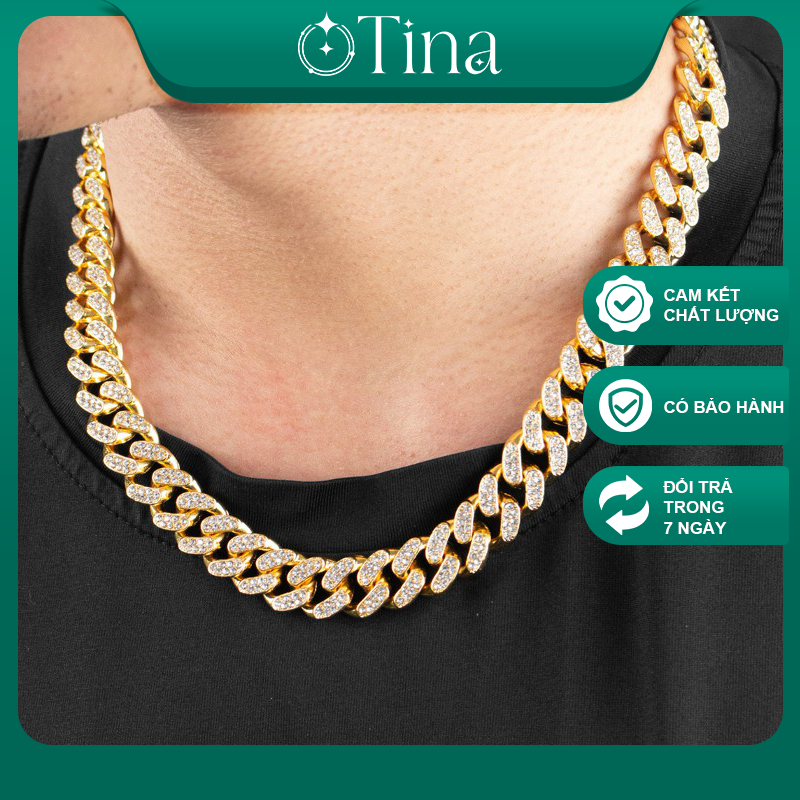 Dây chuyền nam Cuban đính đá, vòng cổ nam hiphop màu vàng 50cm