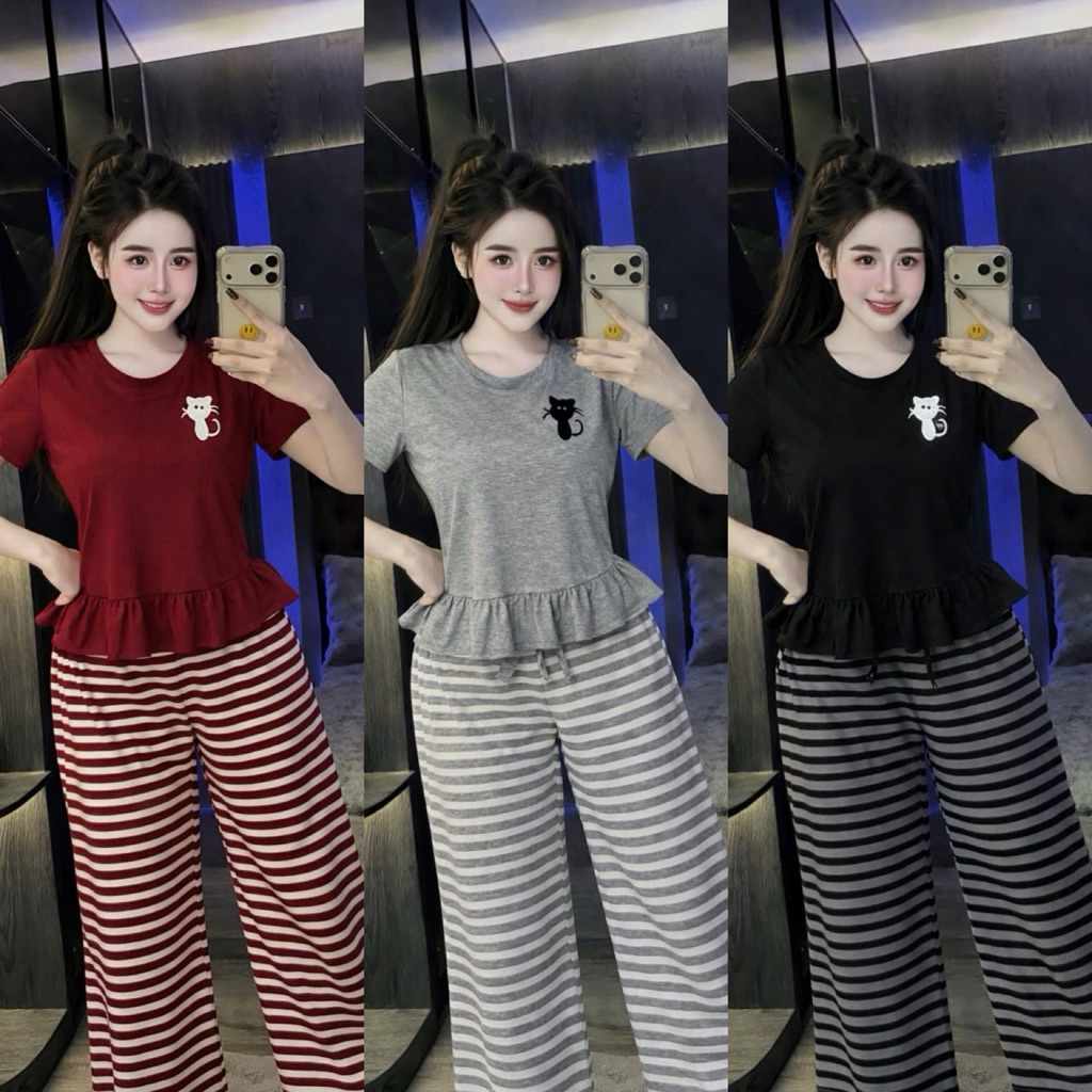 Set Bộ Áo Tăm mèo thêu Xinh Quần Suông Vạt Xoè - HN CLOSET