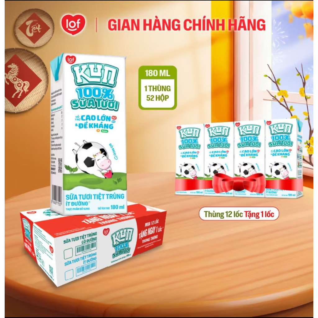 Sữa Kun 100% từ sữa tươi nguyên chất, Có  đường, Cao lớn, tăng sức đề kháng cho bé. 1 thùng 52 hộp