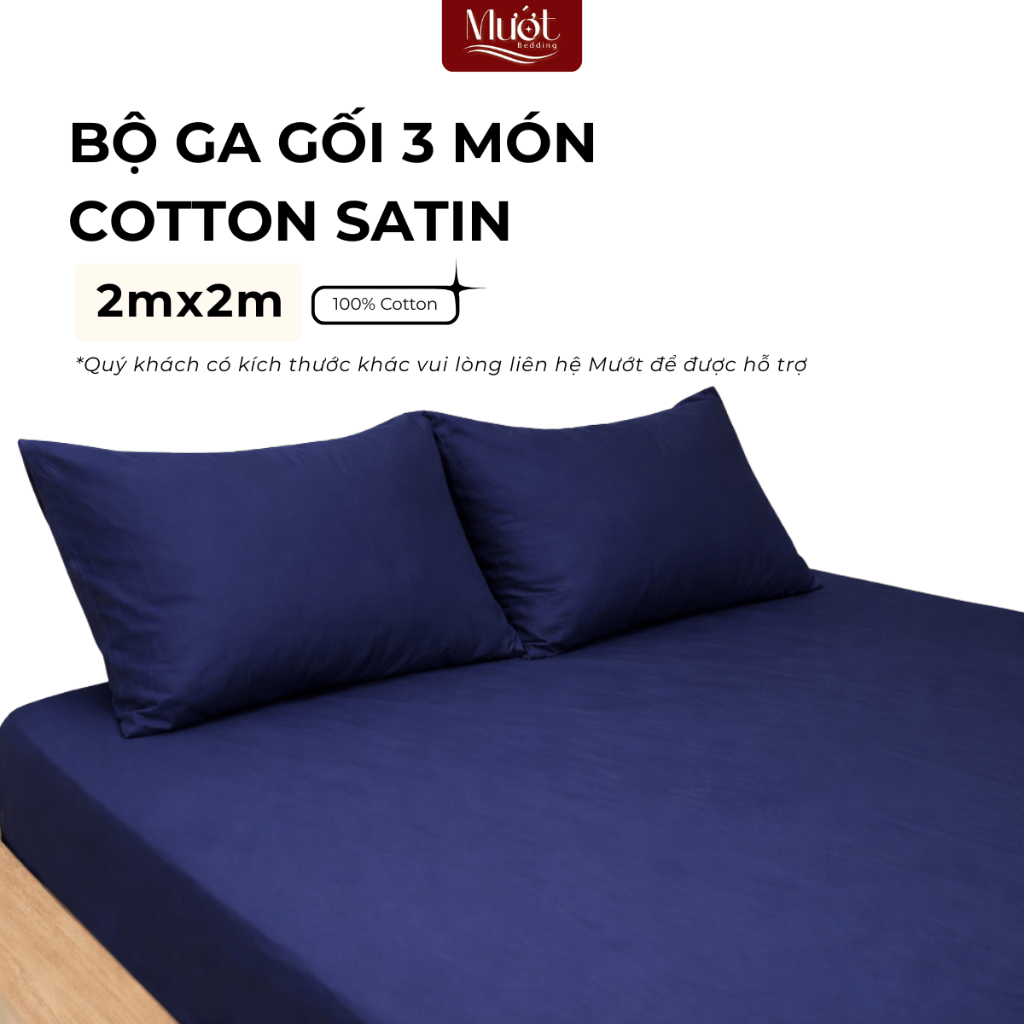 Bộ ga gối 3 món nệm kích thước 2mx2m Cotton Satin Mướt Bedding cao cấp trơn màu