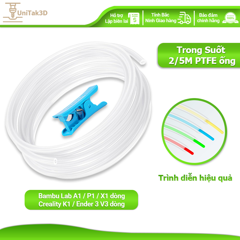 UniTak3D máy in 3D Ống cấp Teflon trong suốt PTFE siêu mịn 5m cho dây tóc 1.75mm cho Bambu Lab A1/P1/X1 3D022T