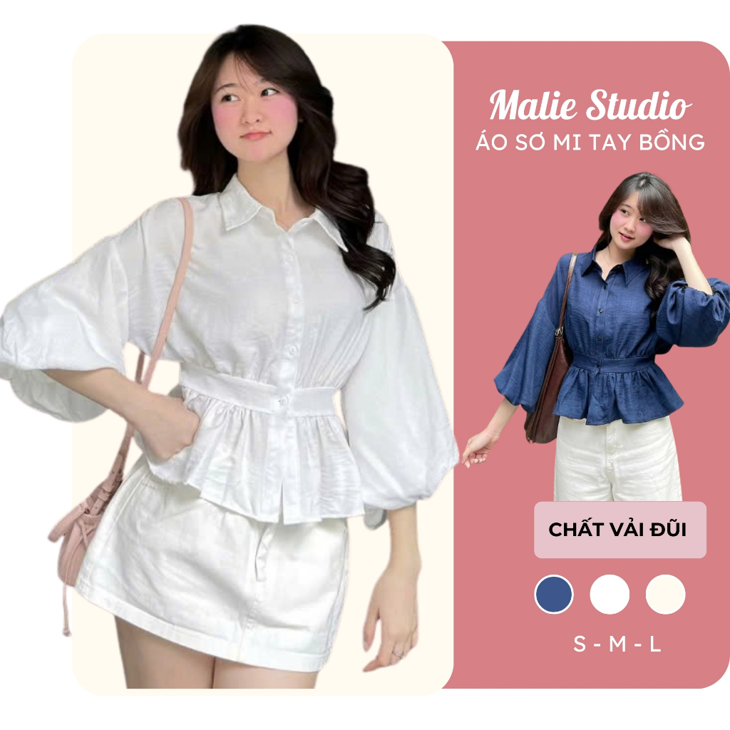 Áo Sơ Mi Nữ Xếp Li Trước Bo Eo Lưng Chun Tay Bồng Cúc Dọc Đũi Hàn Trẻ Trung Năng Động Malie Studio-M