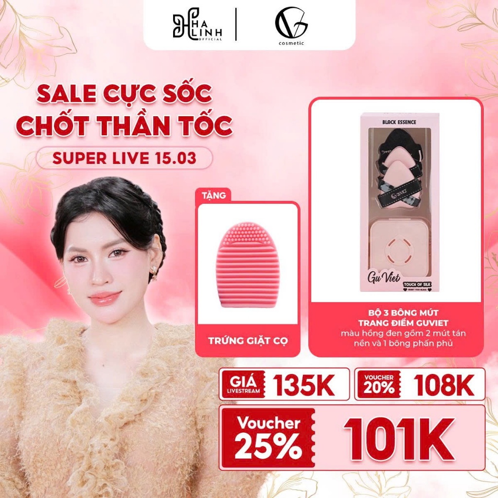 [Võ Hà Linh x GUVIET] Bộ 3 bông mút trang điểm GUVIET màu hồng đen kèm trứng giặt cọ 200gr