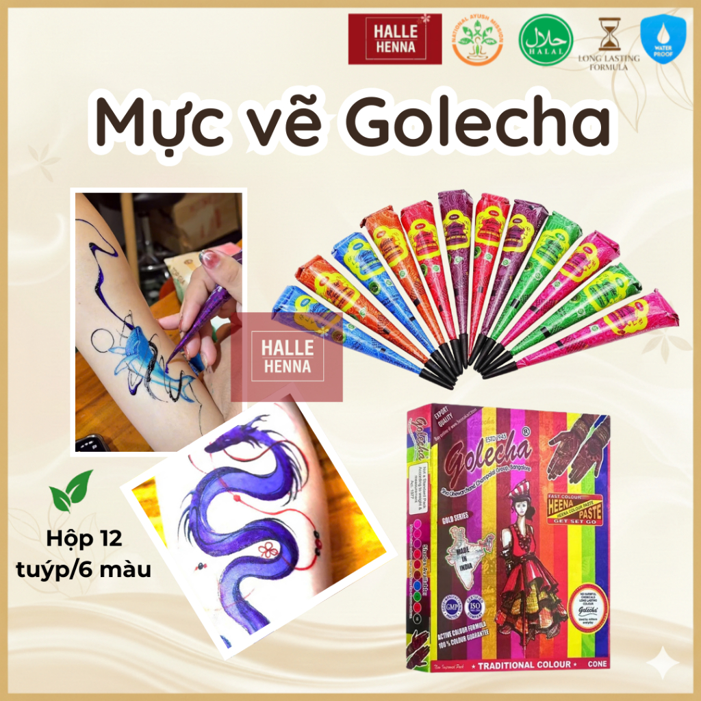 Mực Vẽ Henna Mehendi Golecha 6 Màu Ấn Độ – Henna Cone Thành Phần Thiên Nhiên, Vẽ Hình Xăm Tạm Thời L