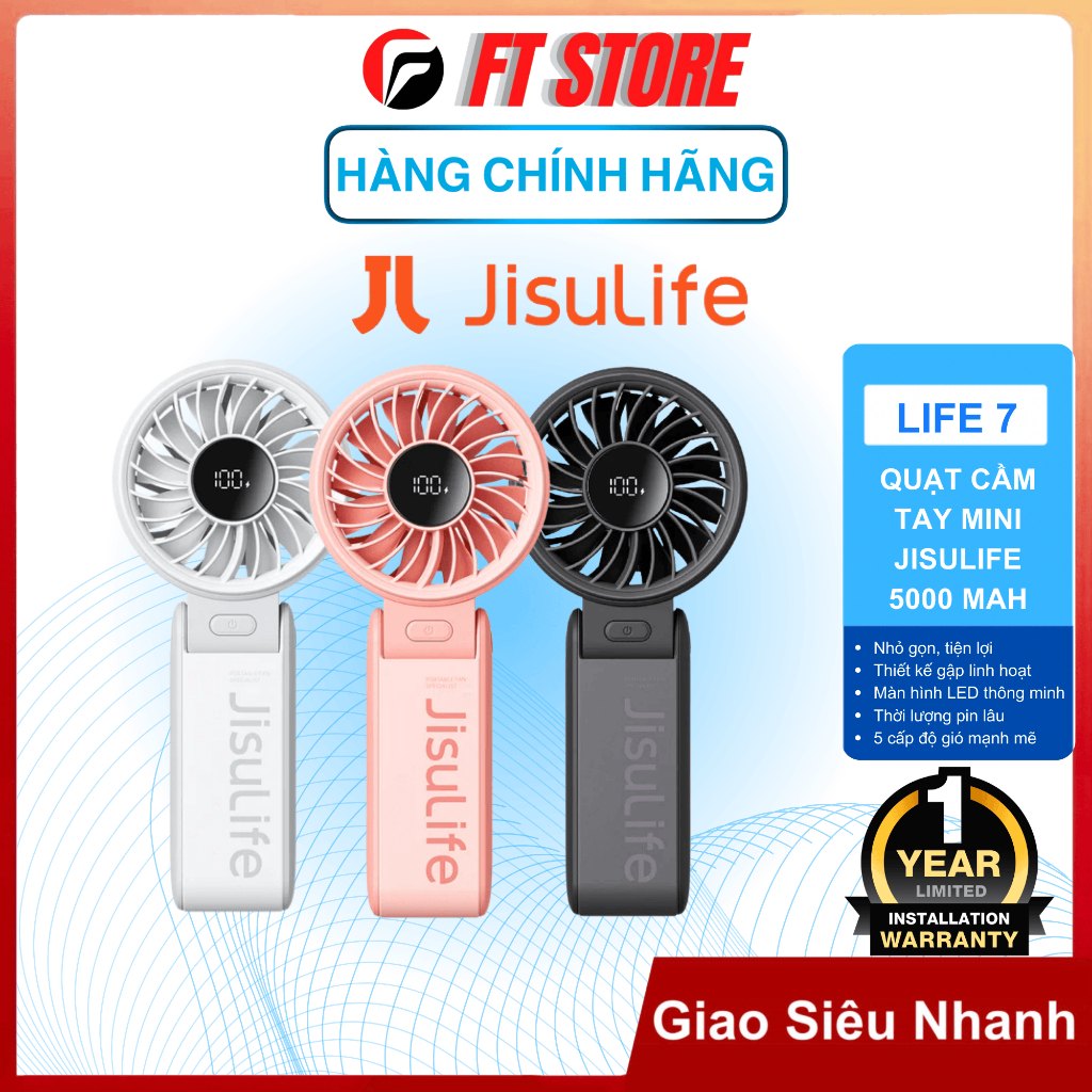 Quạt Cầm Tay Mini Jisulife Life 7 ABS 5 cấp độ gió 3600mAh/5000mAh, sử dụng liên tục 12 Giờ - BH12T