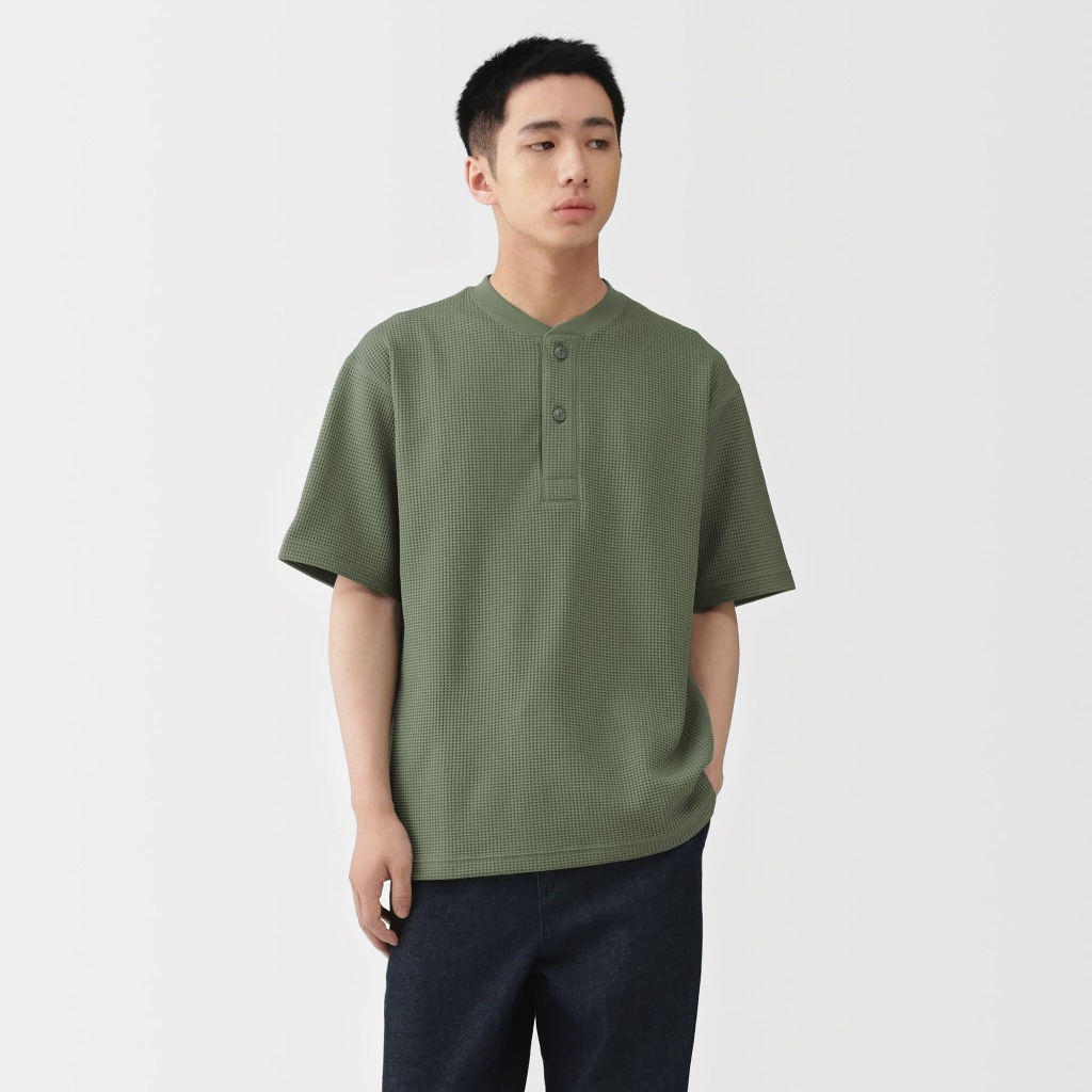 [26SS] MUJI Áo Thun Nam Waffle Chống Uv Nhanh Khô Cổ Henley Tay Ngắn