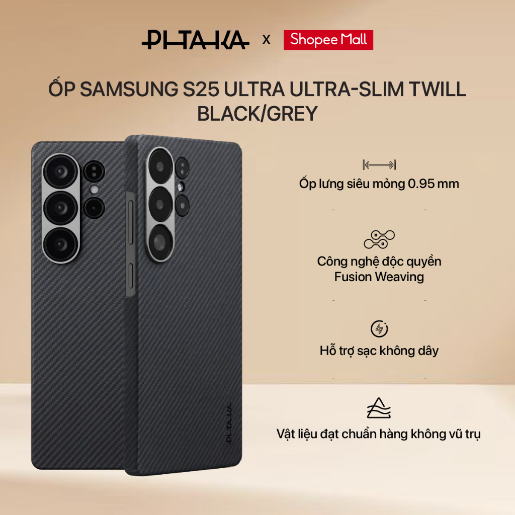 [Samsung S25 Ultra] Ốp lưng vải dệt Pitaka Ultra-Slim (Black/Grey Twill) hỗ trợ sạc không dây