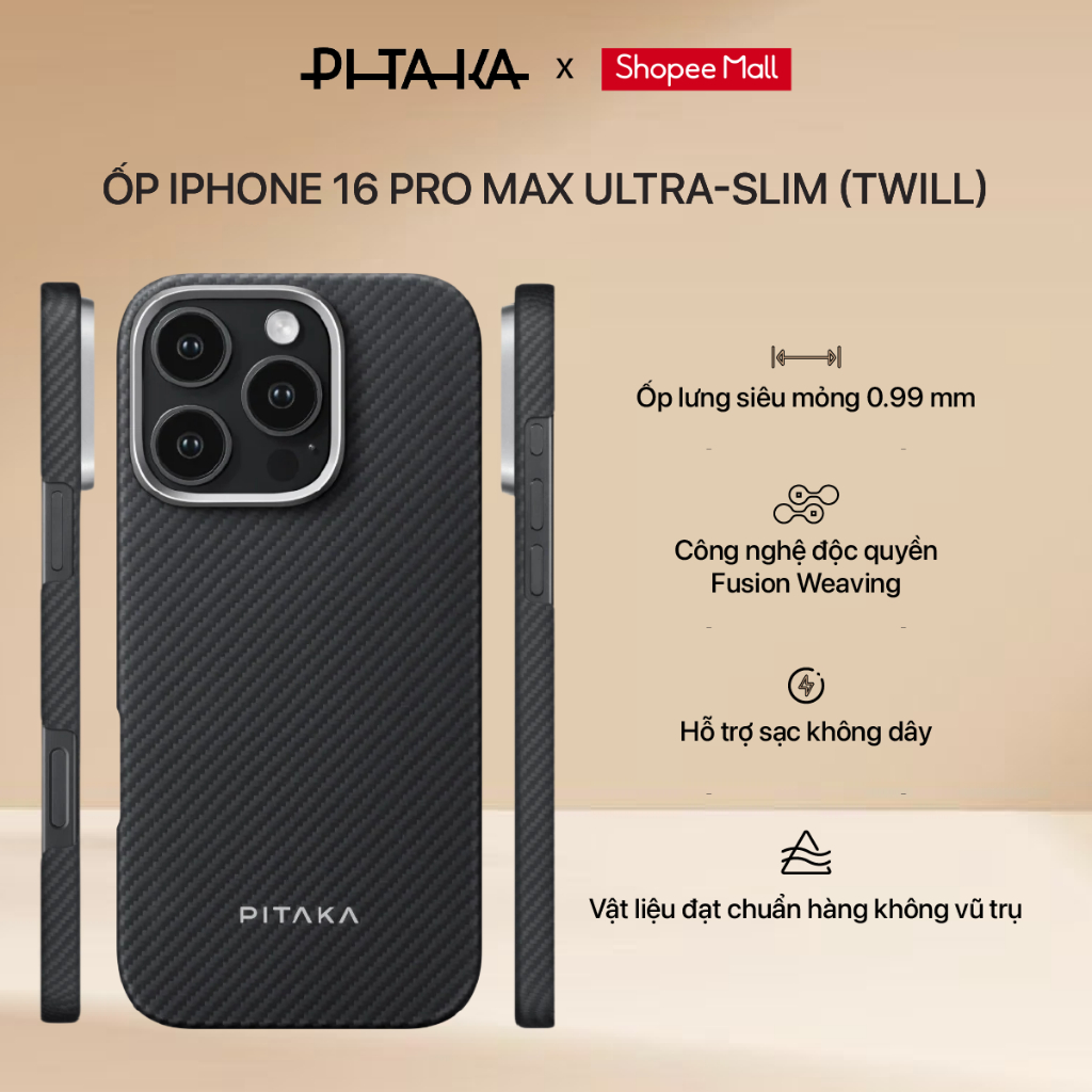 [iPhone 16 Pro Max] Ốp lưng Pitaka Ultra-Slim (Twill) chống sốc vải dệt siêu mỏng cao cấp