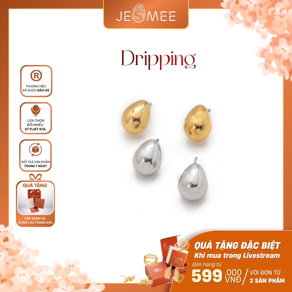 [HỎA TỐC] Khuyên tai nữ Dripping Jesmee bông tai nữ sang chảnh phụ kiện trang sức đi tiệc, đám cưới, đi làm  - E65008