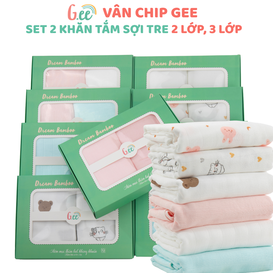 Set 2 Khăn tắm sợi tre Gee 2 lớp, 3 lớp hoạ tiết xinh xắn chất liệu mềm mướt, không bụi vải kích thước 95*95cm