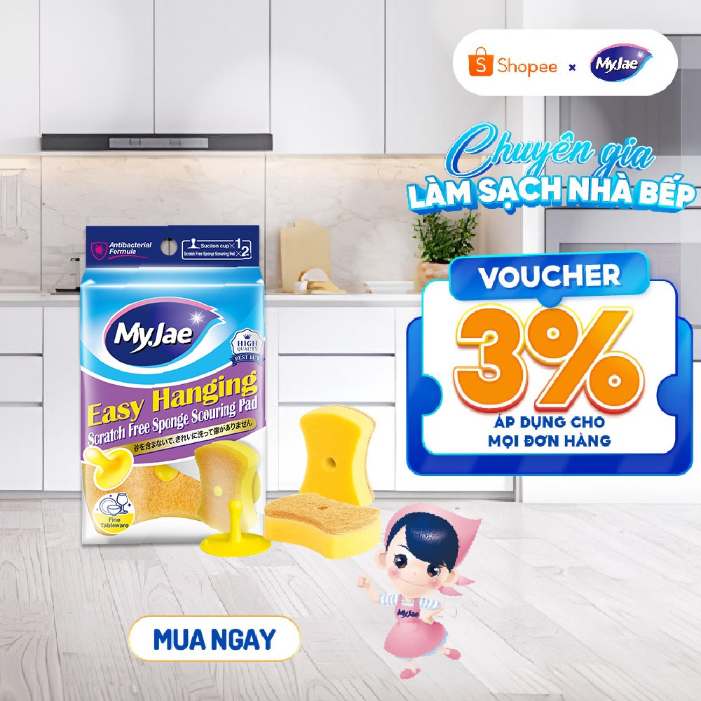 Set 2 miếng bọt biển rửa chén bát mút xốp MyJae đa năng kèm miếng nhựa hít kê - Gọn gàng, tiện lợi