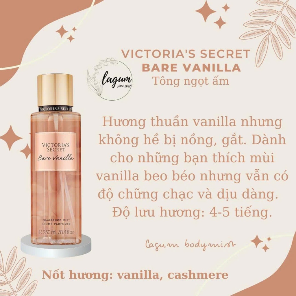 [BARE VANILLA] Xịt thơm bodymist hương nước hoa Victoria's Secret- hàng chính hàng Mỹ