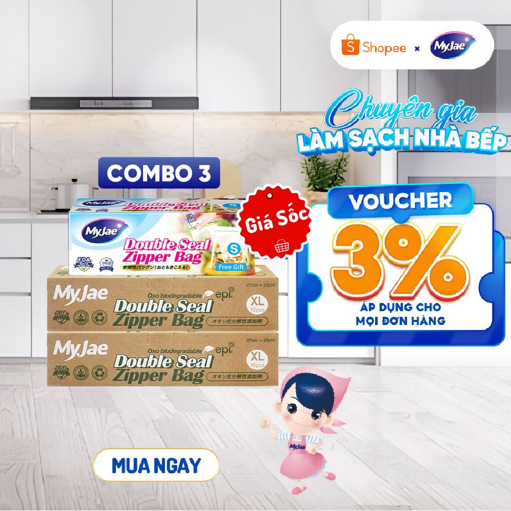 [COMBO 3 2XL+1S] Túi zip đựng thực phẩm trong suốt MyJae - Nhiều kích thước, đựng thực phẩm an toàn,