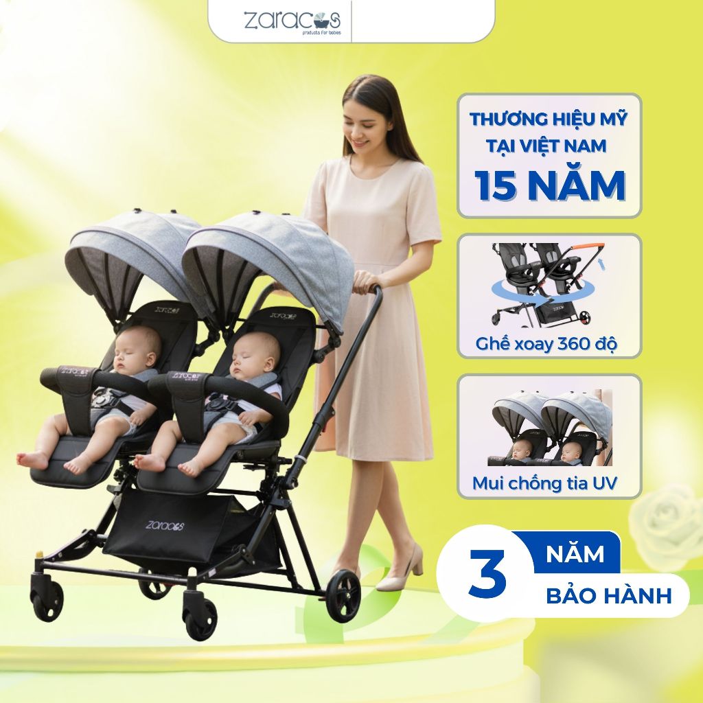 Xe Đẩy Đôi Cho Bé ZARACOS Nicolas 0266 Phối Màu Black Grey Chất Liệu Cao Cấp Bảo Hành 3 Năm