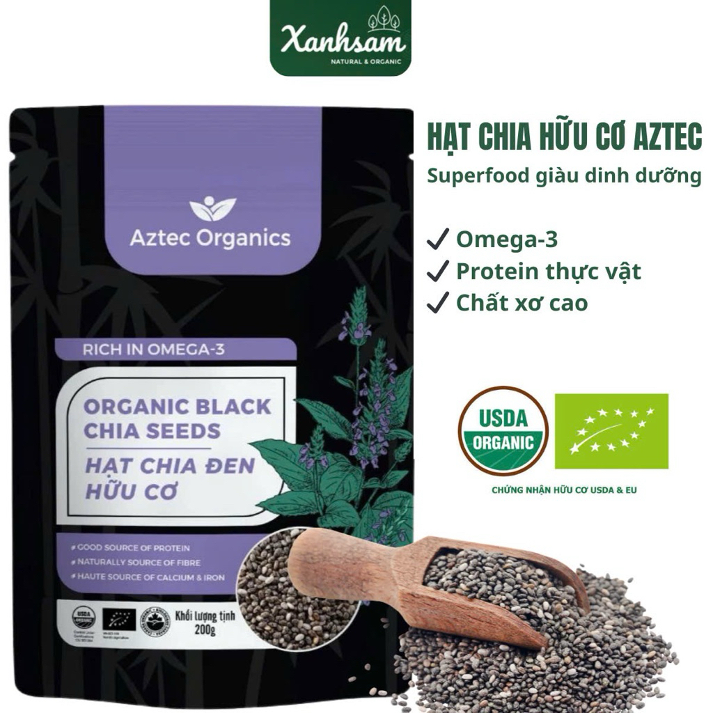 Hạt Chia Đen Hữu Cơ Aztec Organics – Organic Black Chia Seeds USDA EU Organic – Giàu Omega 3, Protei