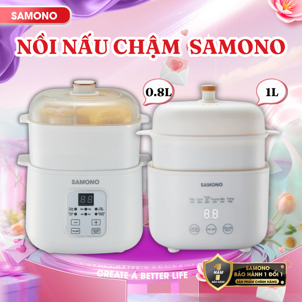 Nồi nấu chậm đa năng SAMONO dung tích 1L/0.8L phiên bản tiếng Việt SC10/ SC08B- Chính hãng BH 1 năm
