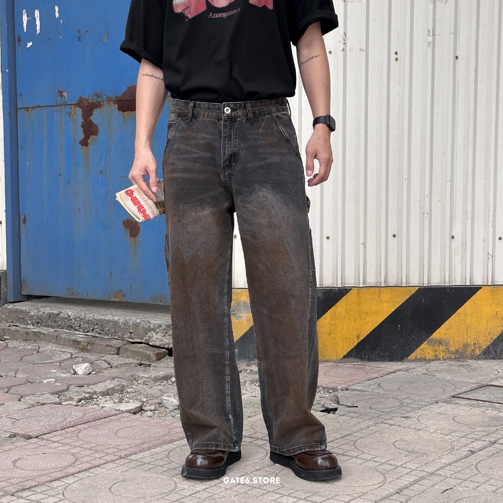 Quần Jean Nam NR mài dust Nâu, quần bò suông ống rộng X07 - GATE6 - 5558