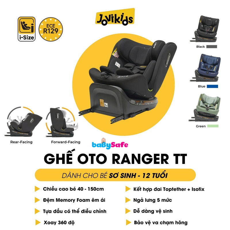 Ghế ôtô cho bé RANGER TT | Jovikids - Xoay 360° | ISOFIX | i-Size R129 (0–12 tuổi)