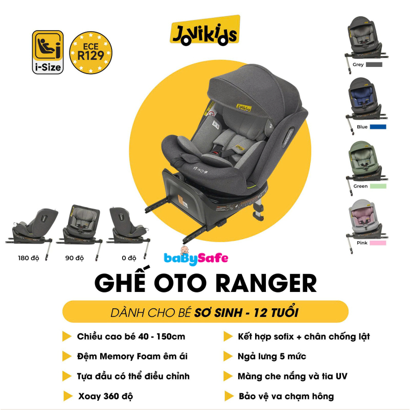 Ghế ôtô cho bé Jovikids RANGER | Xoay 360° | ISOFIX | i-Size ECE R129 | 0–12 tuổi
