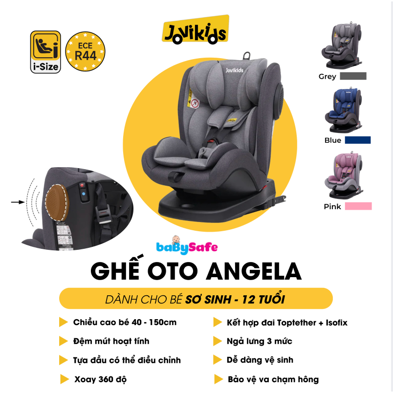 Ghế ô tô trẻ em Jovikids Angela | Chính hãng | Xoay 360° | ISOFIX | Chứng nhận R44 EU | 0–12 tuổi