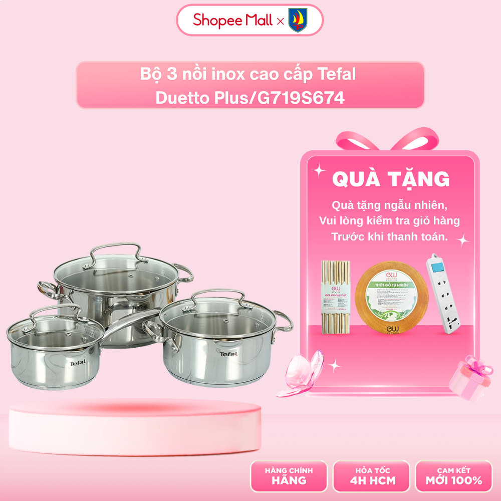 Bộ 3 nồi inox cao cấp Tefal Duetto Plus/G719S674 - Quánh 16cm, Nồi inox 20cm, Nồi inox 24cm