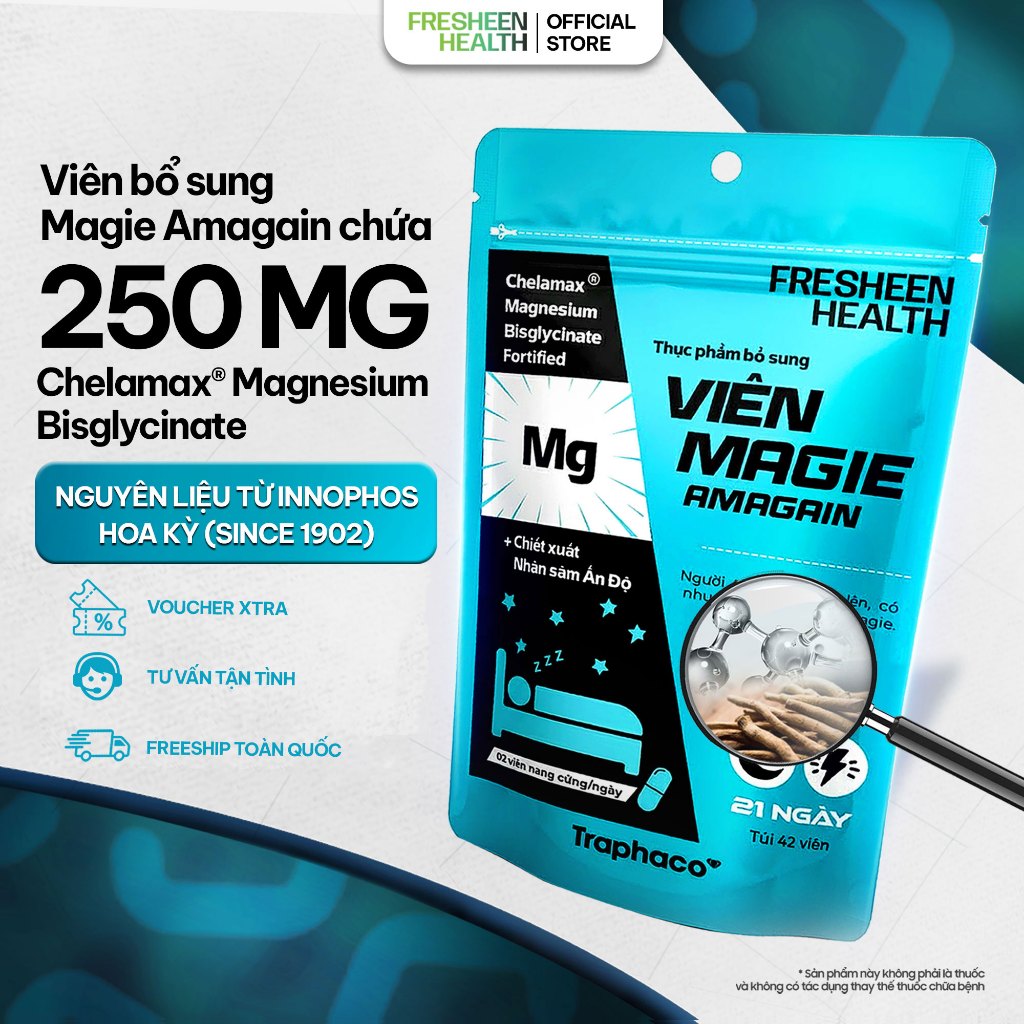 Viên bổ sung Magie AMAGAIN sử dụng Chelamax® Magie Bisglycinate (Mỹ) - phân phối bởi Fresheen Health