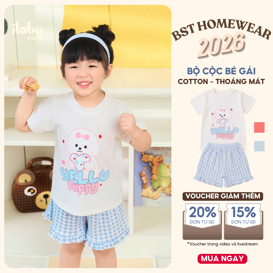 Bộ hè cộc tay bé gái ILABY đồ bộ mặc nhà cộc tay chất liệu cotton cao cấp bèo nhún xinh xắn size đại từ 9-40kg [3868]
