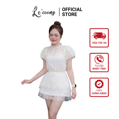 Set Váy Ren Hoa Tiểu Thư Tay Bồng Nhún Eo LECOONG B253 Đầm Đẹp Phối Lưới Chân Váy A Sang Chảnh