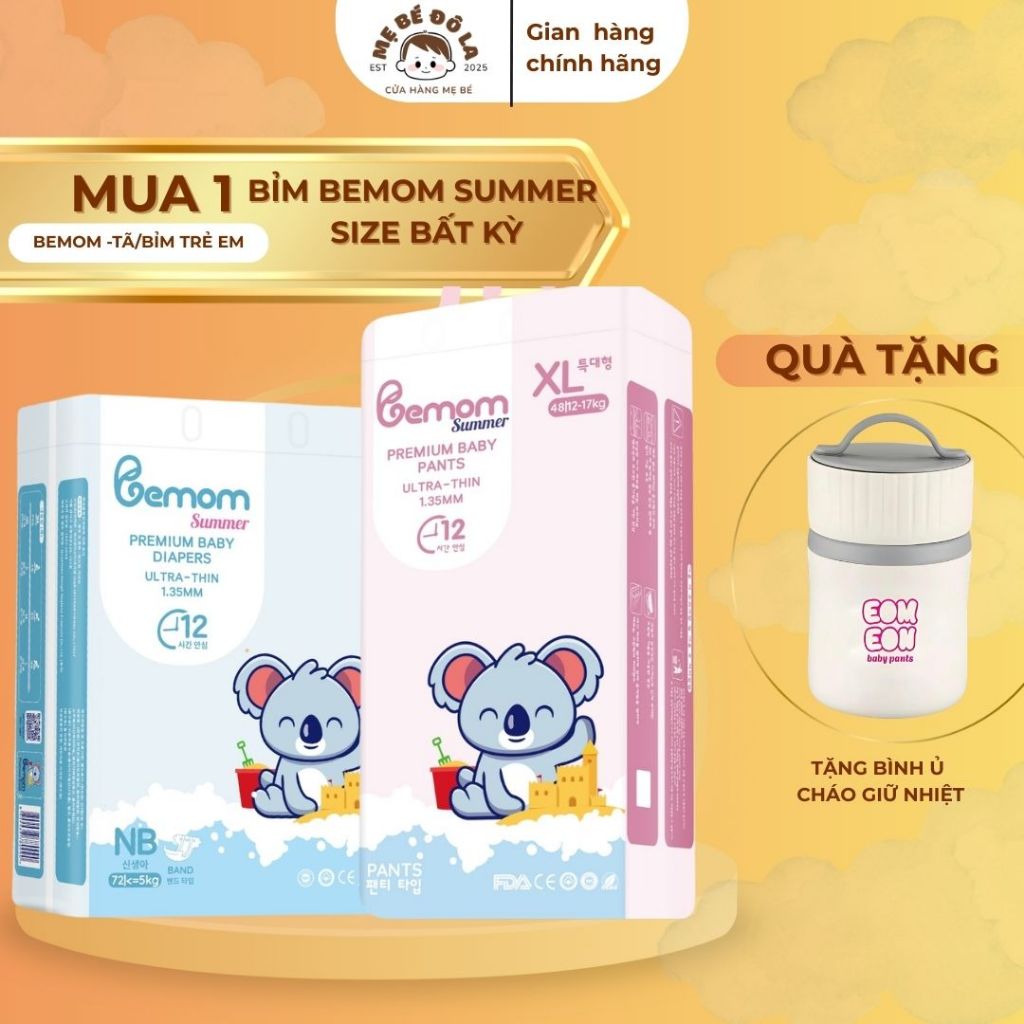 1 Bịch Tã Bỉm Bemom Summer - Tặng Bình Ủ Cháo Giữ Nhiệt - Tã Dán Quần Bemom Summer Full Size NB-XXXL
