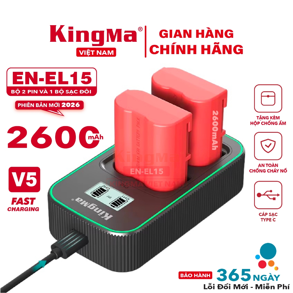 Bộ KingMa EN-EL15. Cho MÁy Ảnh Nikon EN-EL15. 2400 Phiên Bản Mới V5 . Bảo Hành 12 Tháng Đổi Mới
