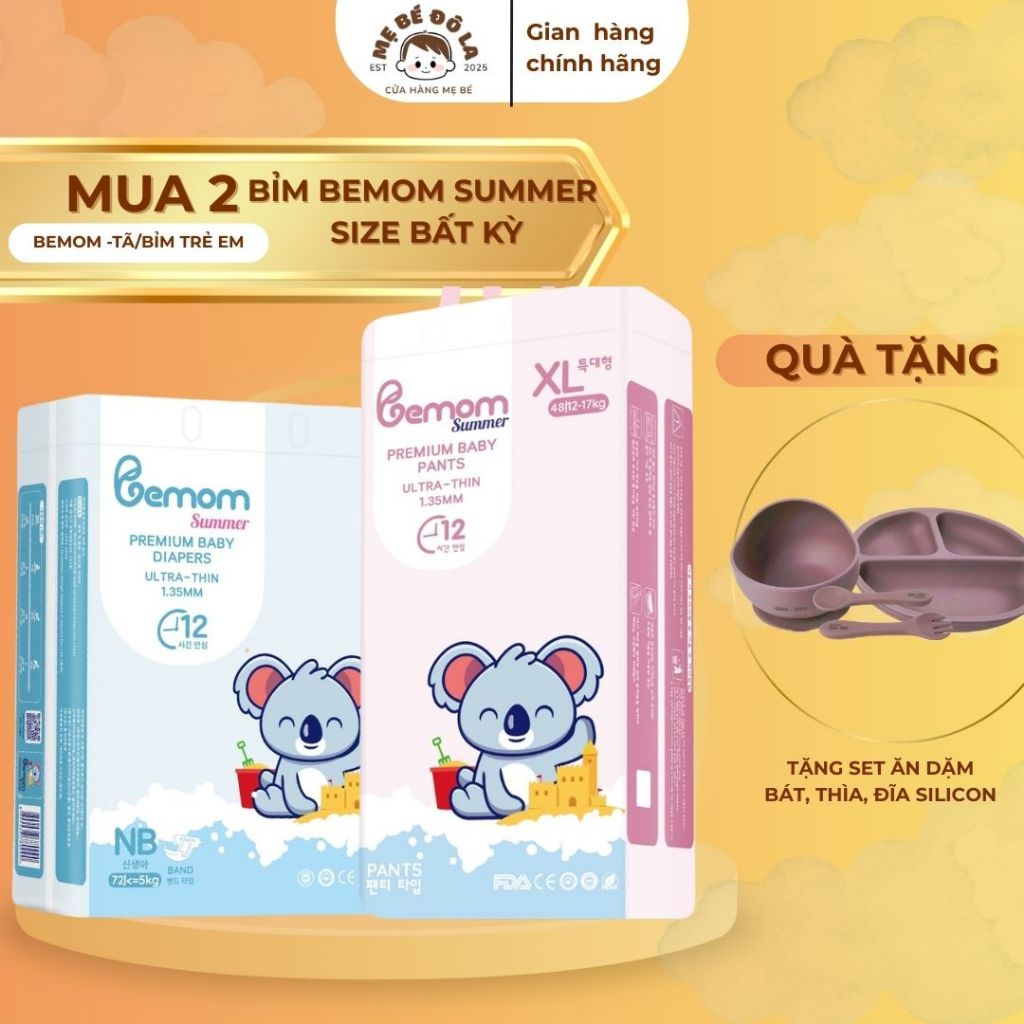 2 Bịch Tã Bỉm Bemom Summer - Tặng Set Ăn Dặm Silicon - Tã Dán Quần Bemom Summer Full Size NB-XXXL
