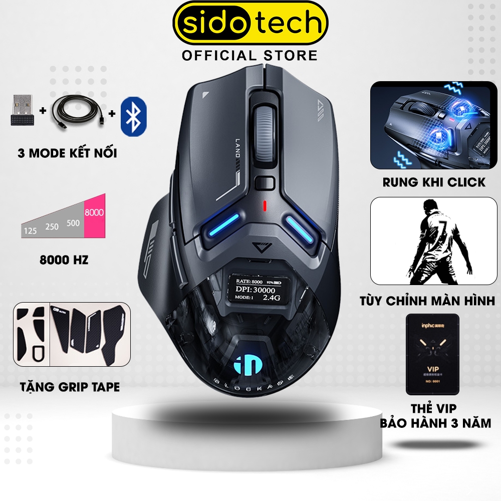 Chuột không dây gaming 8Khz SIDOTECH INPHIC IN9 ULTRA click rung màn hình tùy chỉnh PAW3950 3 mode p