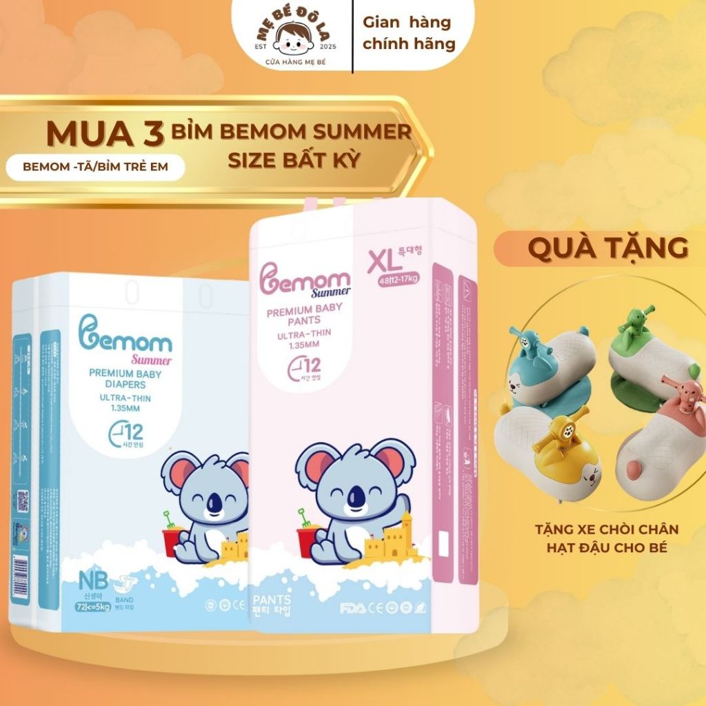 3 Bịch Tã Bỉm Bemom Summer - Tặng Xe Chòi Chân Hạt Đậu - Tã Dán Quần Bemom Summer Full Size NB-XXXL