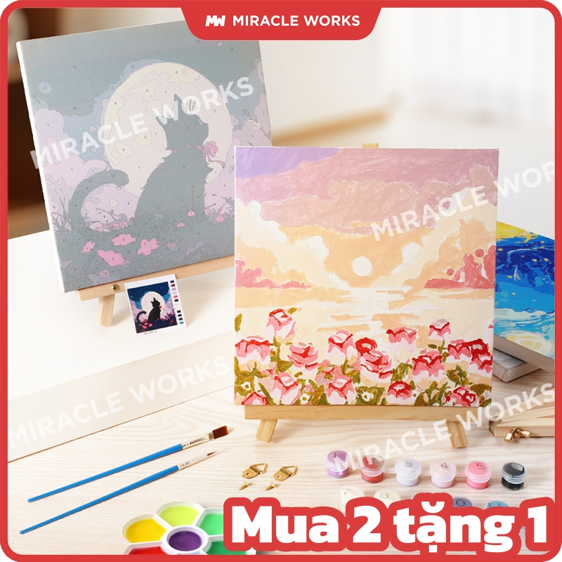 Miracle Works Tranh sơn dầu số hoá 20*20cm kèm khung, combo dụng cụ, Tranh Sơn Dầu Tổng Hợp Nhiều Mẫu